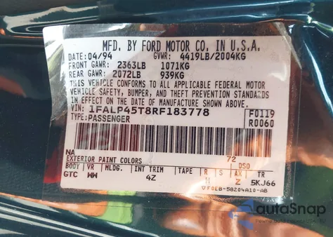 1994 Ford Mustang Gt from USA, damaged, VIN 1FALP45T8RF183778